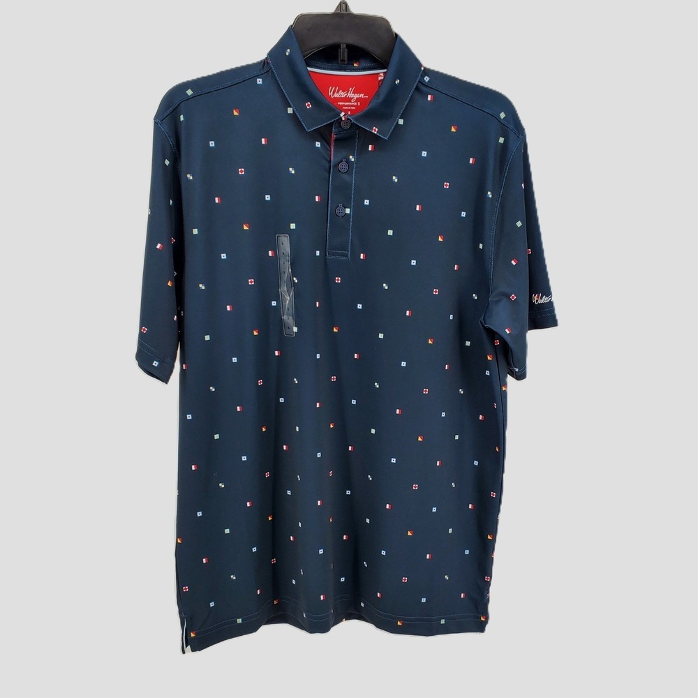 Walter Hagen Mens S Performance Golf Polo Shirt Navy Nautical Print Short Sleeve